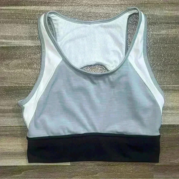 Athleta Womens Size S Sports Bra Activewear Back Hole Racerback Gray White - Picture 1 of 4
